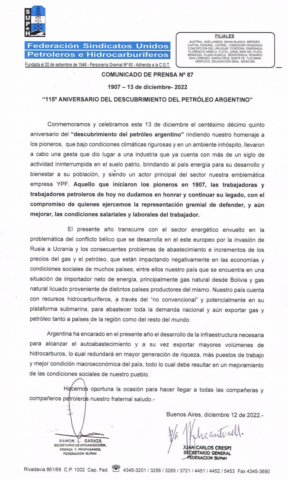 115 ANIVERSARIO DEL DESCUBRIMIENTO DEL PETRÓLEO ARGENTINO Federación